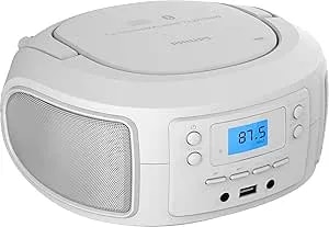 Philips CD Player Portable With Bluetooth, Crystal Clear Sound Top Loading CD Boombox With FM Radio, USB Port & Aux Input, Compact & Lightweight Design,R/CD-RW/MP3 Compatible (White)