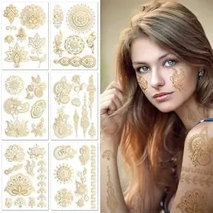 6 Sheets Henna Tattoos Temporary Stickers Flower Lace Lotus Pattern Waterproof Women Body Party Masquerade Halloween Diy Face Arms Legs Art Decoration (Golden)