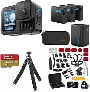 Gopro hero13 Black Action Camera Bundle With 3 Enduro Batteries, Dual Charger, 64gb Microsd, 47 Piece Accessory Kit, 5.3k Ultra Hd Video, Waterproof Action Camera, 1-Year Limited Warranty