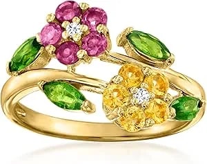 Ross-Simons 1.20 Ct. T.W. Multi-Gemstone Flower Bypass Ring With White Topaz In 18kt Gold Over Sterling