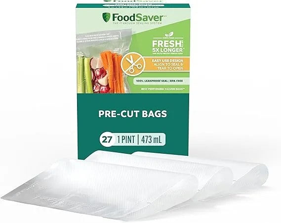 Foodsaver Pint Pre-Cut Vacuum Seal Bags, Easy Use Vacuum Storage Bags, Align To Seal And Tear To Open Vacuum Sealer Storage Bags, 27 Pack