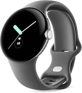 Google Pixel Watch, 41mm Polished Silver Case W/Charcoal Active Band, Android Smartwatch, Fitbit Activity, Fitness, Sleep, Heart Rate Tracking, Lte Support (Renewed)