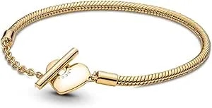 Pandora Moments Heart T-Bar Closure Snake Chain Bracelet - 14k Gold-Plated Charm Bracelet For Women - Compatible Moments Charms - Gift For Her - 7.1"