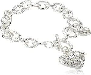 Guess Women'S Silvertone Chain Toggle Dangle Heart Charm Bracelet