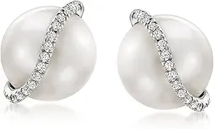 Ross-Simons 8-8.5mm Cultured Pearl And Diamond Swirl Earrings In Sterling Silver