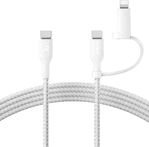 Belkin Boostcharge Braided 2-In-1 Usb-C Charging Cable W/Usb-C & Lightning Connector (1.5m) Fast & Multi-Charging For Iphone Series, Ipad, Macbook, Galaxy Series, Nintendo Switch 2 & More - White
