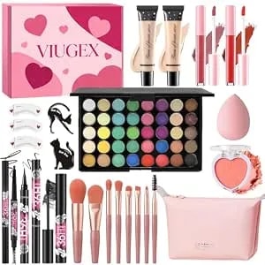 Makeup Set For Women, All In One Make Up Kit For Teen Girls Beginners, Travel Makeup Gift Set, Includes Foundation Eyeshadow Palette Blush Lipgloss Eyeliner Mascara Eyebrow Pen Cosmetic Brush Set