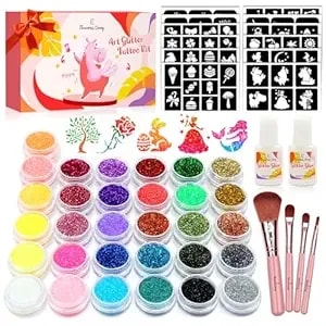 Temporary Glitter Tattoo Kids, Eleanore'S Diary 31 Glitter Colors,165 Unique Stencils,2 Glue,4 Brushes,Adults & Kids Arts Glitter Make Up Kit, Gifts For Girls Boys Birthday Party Summer Festival