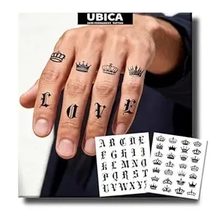 Semi Permanent Tattoo, Old English Gothic Alphabet Letter Set With Mini Crowns, 2 Sheets, Waterproof Matte Small Temporary Tattoo, Lasts 1–2 Weeks, Realistic Look For Finger & Hand