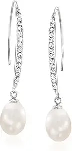 Ross-Simons 8x10mm Cultured Pearl And .38 Ct. T.W. Cz Drop Earrings In Sterling Silver