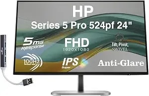 Hp Series 5 Pro 524pf 24" Fhd Ips Monitor Adjustable Height, Swivel, Pivot - 100 Hz 350 Nits, 5ms, Anti-Glare, Flicker Free, Vesa Mount (100mm), & Dockztorm Usb Port Expander - Black/Silver