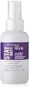 Rimmel London Stay Matte Fix & Go - 001 Transparent - 2-In-1 Primer & Setting Spray, Oil-Free, Locks Makeup Into Place, Soothes Skin, 3.3 Oz