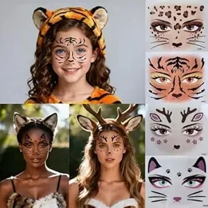 Xmasir 4 Pcs Animal Face Tattoos Stickers, Leopard Temporary Tattoo Sticker Cute Cat Deer Tiger Glitter Face Art Stickers For Women Girls Halloween Christmas Makeup Party (Multicolour)