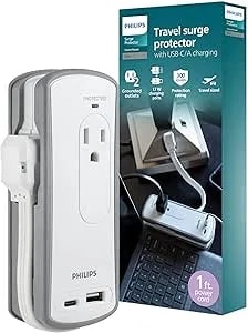 Philips 2-Outlet Travel Surge Protector, 2 Usb 1a/1c, 5v/3.4a, 300j, 1 Ft, Grey/White, spp2111wa/37