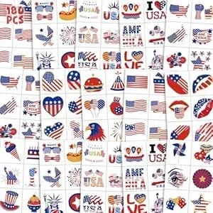 180pcs Patriots-Tattoos Red-White And Blue - 4th Of July American Usa Flag Tattoos Individually Sheets Fourth Of July Stickers Independence/Memorial/Labor Day Party Decorations Favors