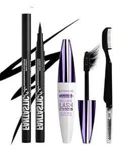 Waterproof Black Mascara&Liquid Eyeliner Pen Set,Volumizing Colored 5d Fiber Mascara For Eyelash Volume And Length MáScara,Longlasting Smudgeproof Matte Color Eye Liner Pencil Women Party Stage Use