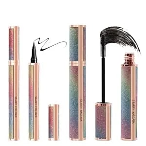 4d Silk Fiber Mascara Set, Black Mascara And Eyeliner Set, Long Lasting Kit & Waterproof Black Eyeliner Pencil, No Clumping Lasting All Day