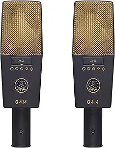Akg Pro Audio c414 Xlii Stereoset Large-Diaphragm, Vocal, Instrument Condenser Microphone, Multipattern, Live Sound Or Studio, With Accessories, And Hard Case, Matched Pair. Black And Gold