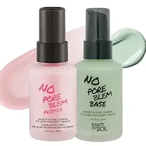 Touch In Sol No Pore Blem Primer + Redness Correcting Base Set - Pore Filler Blurring Primer Before Makeup - Tone Neutralizing Before Foundation - Pore Minimizing, Sebum, And Shine Control 1.01fl. Oz.