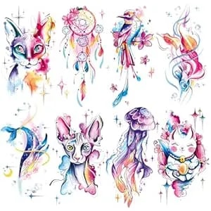 8 Sheets Watercolor Cute Animal Temporary Tattoos For Women Girls, Colorful Cat Bird Jellyfish Maneki-Neko Fake Tattoo Stickers, Waterproof Long Lasting Body Art For Arm Wrist