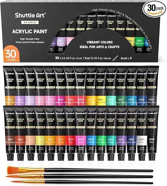 Shuttle Art Acrylic Paint Set, 30 x12ml Tubes Artist Quality Non Toxic Rich Pigments Colors Great For Kids Adults Professional Painting On Rocks Canvas Wood Clay Fabric Ceramic Crafts