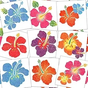 Kathfly 180 Pcs Hibiscus Temporary Tattoos Glitter Hawaiian Flower Tattoos Stickers For Face Body Decoration Women Summer Tropical Aloha Party Favors Summer Gift