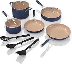 Ninja Ceramic Cookware Set, Extended Life 11-Piece Kitchen Cookware Sets With Comfort Grip, Nonstick Fry Pans, Pots, Ptfe Free, Oven & Dishwasher Safe, Stovetop Compatible, Navy Blue, cw49011