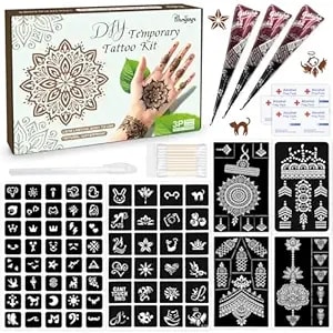 Brown Temporary Tattoo Kit,Temporary Tattoos Stencils Kit (3pcs Brown Tattoo Cones 6 Reusable Templates 1pcs Tattoo Outline Pen)， Waterproof,Diy Body Art For Women Men