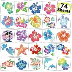 Charlent Glitter Hibiscus Temporary Tattoos For Aloha Party Decoration - 74 Individually Sheets Glitter Hawaii Flower Tattoos For Kids Women Hawaiian Party Favors