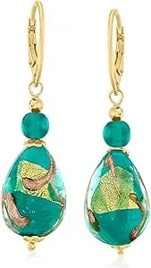 Ross-Simons Italian Green And Goldtone Murano Glass Drop Earrings In 18kt Gold Over Sterling