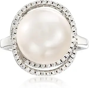 Ross-Simons Italian 12mm Cultured Pearl And .70 Ct. T.W. Cz Ring In Sterling Silver