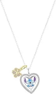 Disney Lilo & Stitch Two-Tone Cz & Enamel Ohana Heart Flower Spinner Necklace For Women, Silver Plated, 16"+2" Extender
