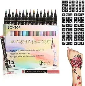 Temporary Tattoo Markers For Skin 15 Body Marker+ 82 Tattoo Stencils,Skin-Safe & Cosmetic Quality,Birthday Gift Ideas