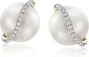 Ross-Simons 8-8.5mm Cultured Pearl Stud Earrings With Diamond Accents In 14kt Yellow Gold