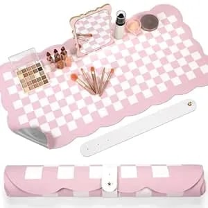 Nuanchu Pink Checkered Make Up Mat, Pastel Vanity Makeup Pad Dual Sided Make Up Mat For Vanity Easy To Clean Makeup Pad Waterproof And Oilproof(Scalloped)