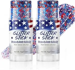 2pcs Red White Blue Sparkle Patriotic Glitter Stick - Face Hair Body Glitter, Waterproof, 4th Of July 250th Independence Day Usa Flag Makeup, Soccer World Cup, Memorial Veterans President'S Day