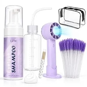 Lzm Lash Shampoo Kit For With Rechargeable Dryer Fan For Cleaning Wash Lash Extensions Cleanser Gentle For Sensitive Eyes, Eyelash Extension Cleaner Foam For Professional And Daily (2.02 Fl Oz 60ml)