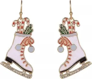 Hallmark White Enamel Ice Skate Earrings With Candy Cane Accents