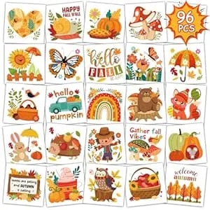 Konsait Fall Tattoos For Kids, 96pcs Leaves Animal Pumpkin Temporary Tattoos, Happy Harvest Festival Tattoos Stickers, Fall Party Decorations Favors Accessories, 48 Designs