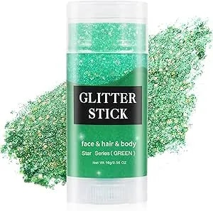 Meicoly Green Face Body Glitter Stick,St Patricks Day Chunky Hair Glitter For Women Kids,Self-Adhesive Green St Patricks Day Accessories,Irish Parade Makeup,Alien Costume,Festival Rave Outfits