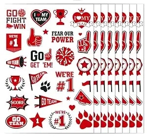 Red Team Spirit Temporary Tattoos, 180 Pcs Glitter Red Team Spirit Accessories, Football Sports Teams Face Body Tattoo Stickers For Cheerleading Teams Sports Games Supplies Classroom Prizes