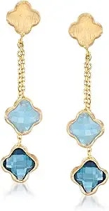 Ross-Simons Italian 1.90 Ct. T.W. London Blue Topaz And 1.40 Ct. T.W. Aquamarine Flower Drop Earrings In 14kt Yellow Gold