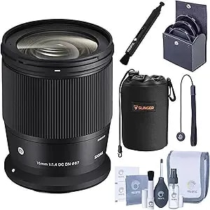 Sigma 16mm F/1.4 Dc Dn Contemporary Lens For Canon Rf Mount, Fast Wide-Angle Aps-C Prime Lens + Uv/Cpl/Nd Filter Kit - Lens Pouch - Lenspen - Cap Tether - Cleaning Kit - 4-Year Limited Warranty