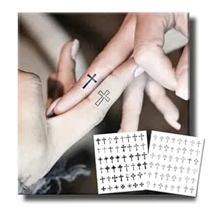 Semi Permanent Tattoo, 2 Sheets Minimalist Cross Temporary Tattoo, Realistic Black Tiny Christian Religious Fake Tattoo Stickers For Men Women Adult, Lasts 7-15 Days Waterproof For Finger Hand