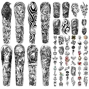 46 Sheets Full Arm Temporary Tattoos Waterproof For Men(l22.8“xw7”), Fake Tattoos For Women Lion Tiger Clock Flower Skeleton Animals Design, Hand Forearm Shoulder 3d Tattoos For Halloween