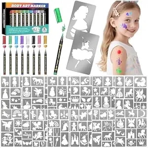 Unicorn Temporary Tattoo Markers For Skin, 8 Metal Body Markers + 169 Large Princess Rainbow Tattoo Stencils For Kids Adults, Cosmetic-Grade Tattoo Ink, Diy Body Art Party Favors For Women Men