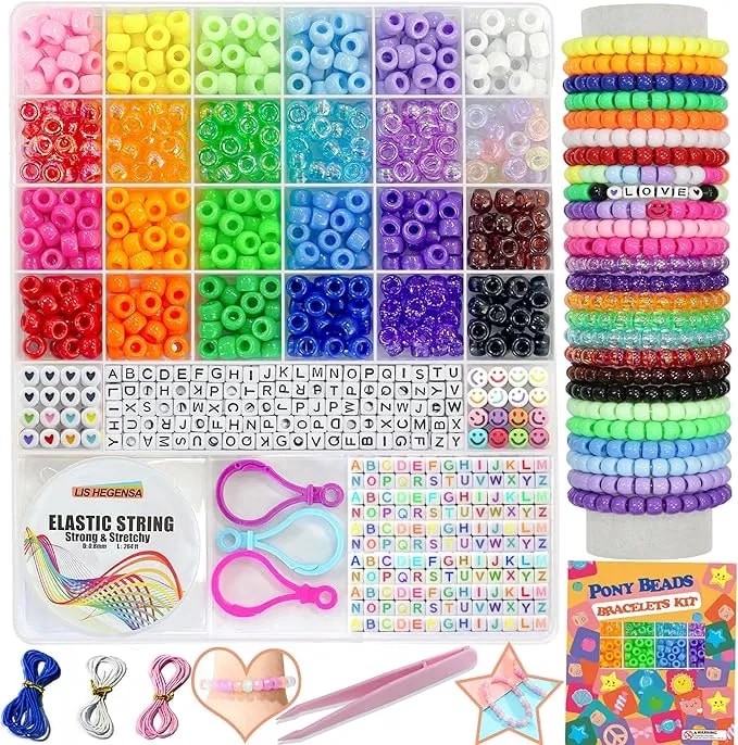 Lis Hegensa 24color 1000pcs Kandi Pony Beads Bracelets Jewelry Making Kits - Necklace Hair Braiding Letter Beads And Charms For Diy Hair Braiding, Craft And Gift For Girls