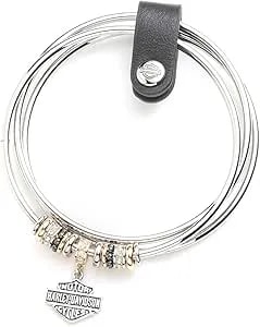 Harley-Davidson Women'S 3 Piece Bangle Set W/Bar & Shield Logo Charms, Silver