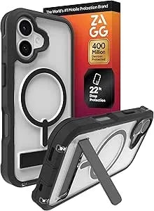 Zagg Rainier Case With Kickstand For Iphone 17 - Black, Graphene 22ft (7m) Drop Protection, Lanyard Attach Points, Magsafe, Wireless Charging Compatible, 2-Piece Design, Phone Case