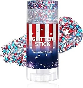Patriotic Body Glitter Stick With Star,4th Of July Outfits And Accessories,250th Anniversary Sparkling Face Hair Glitter Makeup For Women,Fourth Of July Red White Blue Waterproof Hair Glitter